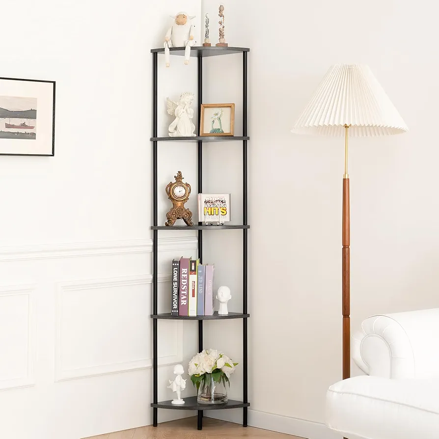 Yoobure Corner Shelf Stand, 5-Tier Corner Bookshelf, Tall Corner Shelves for Bedroom, Living room, Narrow Display Shelf Corner Bookcase, 65" Gray Corner Book Shelf with Display Shelves for Office