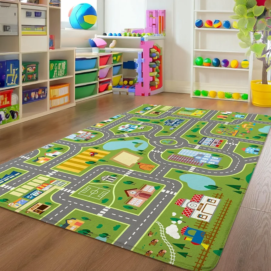 Kids Carpet Playmat Rug 5 x 7 FT Cars Kids Rug Traffic Road Kids Play Car Mat for Kids Bedroom Playroom Living Room Nursery Room Decor