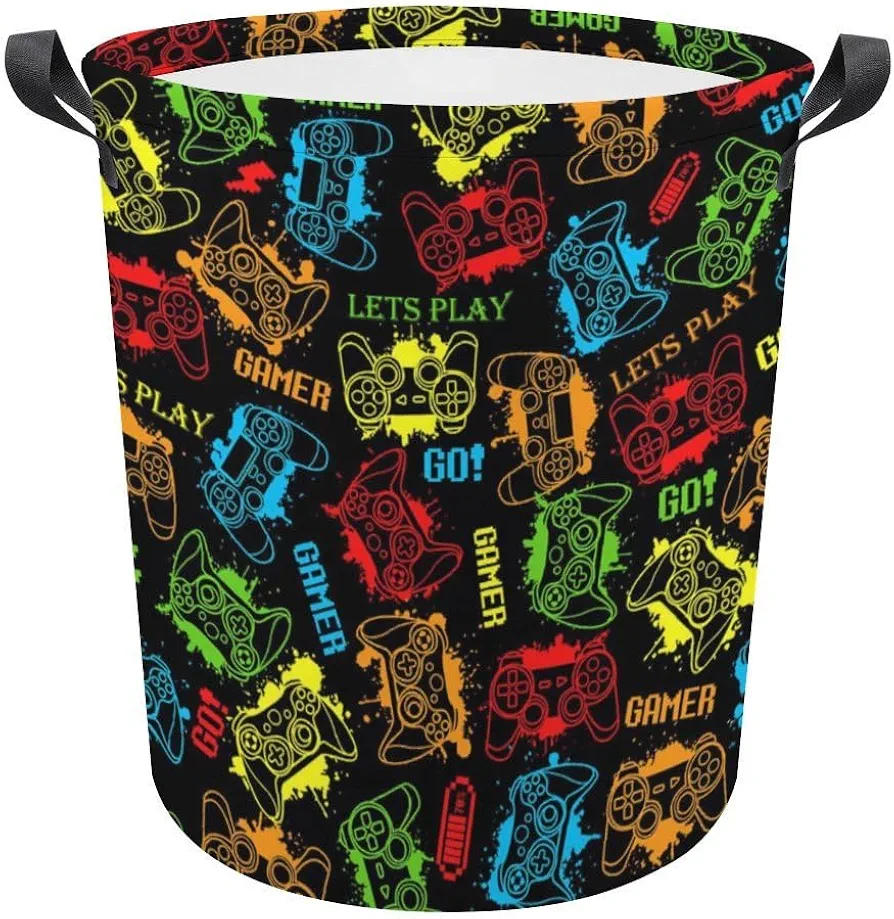 Game Theme Laundry Basket for Gamer Room Decor Boys Gamer Go Play Video Gamepad Storage Hamper Gaming Decor Boys Room for Dirty Clothes -S