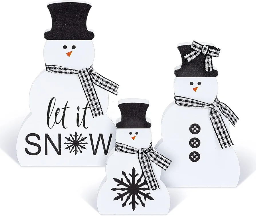 Whaline 3Pcs Christmas Snowman Wooden Decorations Black White Snowman Wood Centerpiece with Plaid Ribbon Xmas Tiered Tray Decor Rustic Snowman Blocks for Xmas Home Mantel Fireplace Tabletop Decor