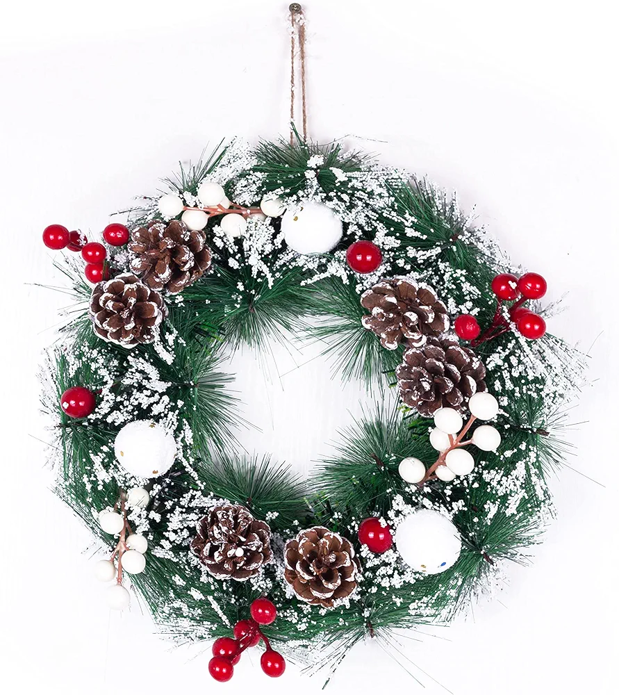 Christmas Decoration Wreath for Front Door, Wall Hanging Snowball Red Berry Pine Cone Garland Ornament for Xmas Party Indoors and Outdoors Home Decor