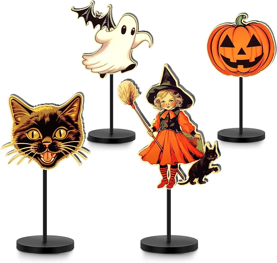 4 Pcs Halloween Wood Table Decor Halloween Witch Cat Standing Wood Blocks Halloween Ghost Table Centerpiece Vintage Farmhouse Pumpkin Table Topper Sign for Halloween Home Room Decor, 4 Styles