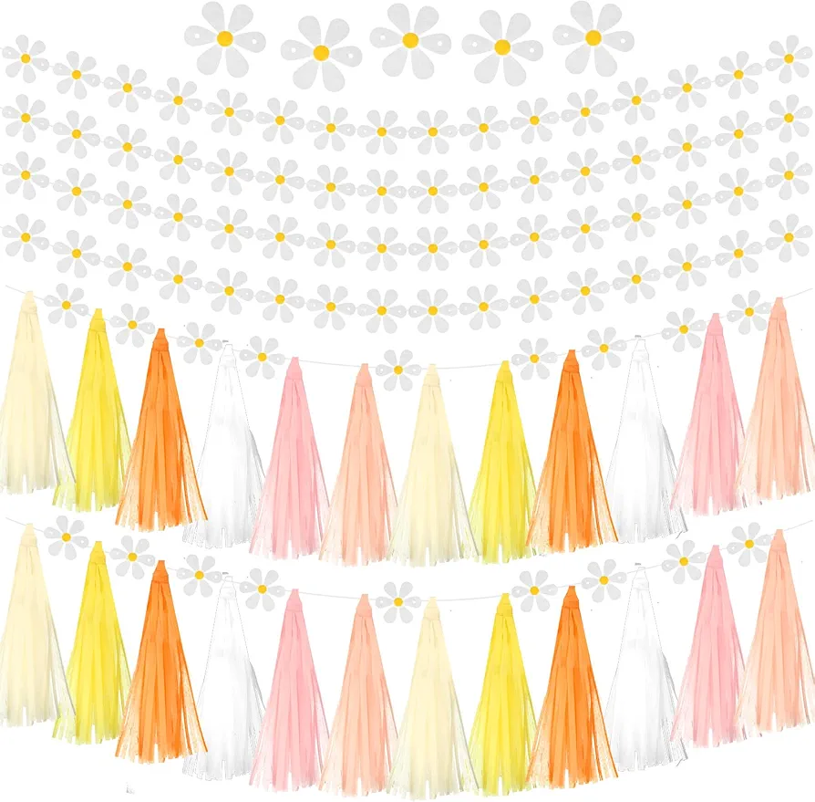 34 Pcs Daisy Groovy Boho Garland Set Including 4 Pcs Daisy Garland Hanging Felt Banner Artificial Flower Daisy Party Favor with 30 Pcs Party Tassel Party Decorations for Wall Home Nursery Room