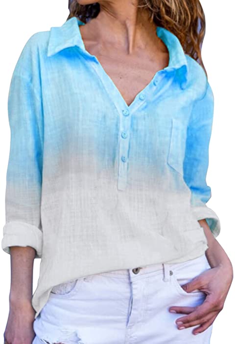 Womens Gradient Cotton Linen Shirt Button Down Long Sleeve Blouse Top Casual Trendy V Neck Collared Tunic Summer Tops