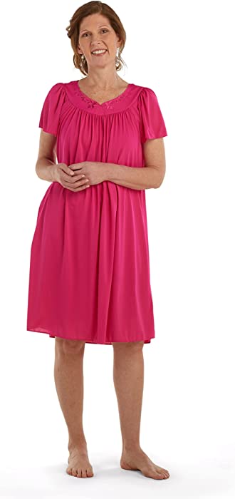 Miss Elaine Nightgown - Women's Short Tricot Night, Flutter Sleeves and Premium Lightweight Fabric, Embroidered Neckline