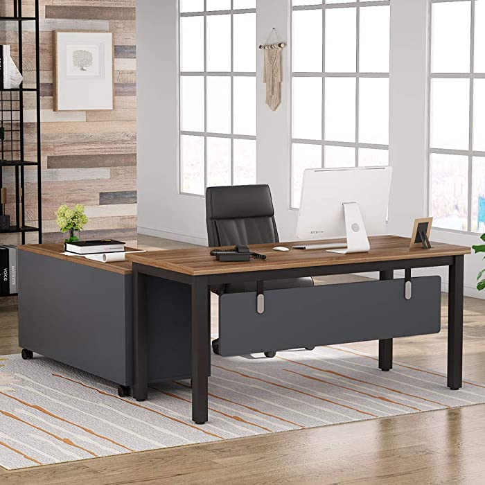 Tribesigns L-Shaped Computer Desk with Storage Drawers Cabinet Set, Large Executive Office Desk with Shelves, Industrial Business Furniture Workstation for Home Office, Rustic Walnut