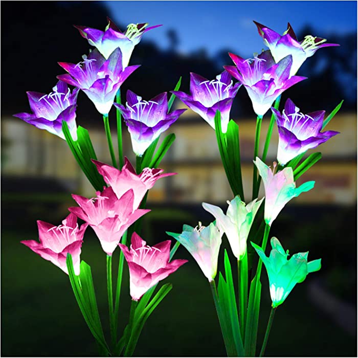 Outdoor Solar Lights, KOOPER 4 Pack Solar Garden Lights with Bigger Lily Flowers, Waterproof 7 Color Changing Outdoor Lights - Bigger Solar Panel for Garden Patio Yard Pathway Decoration