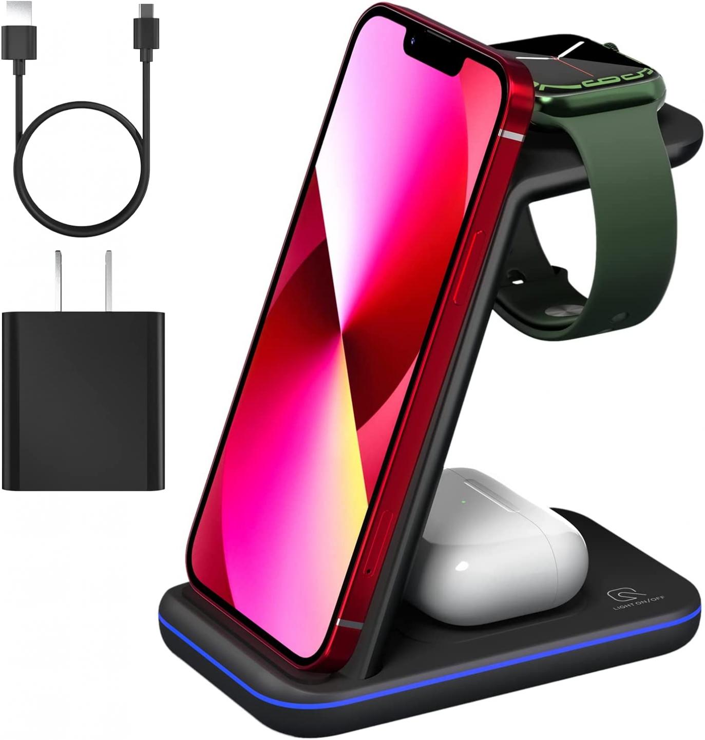 Wireless Charger 3 in 1 for iPhone/iWatch/Airpods Device, Qi Certified Charging Station/Stand Compatible for Apple Watch 8/7/6/SE/5/4/3/2, for iPhone 14,13,12,11 (Pro, Max)/XS/XR/X/8, Airpods 3/Pro/2