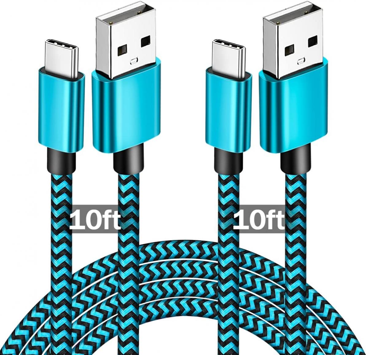 USB C Cable 10 FT, USB Type C Cable Fast Charging,Udaton 2 Pack 10ft Durable Nylon Braided Long USB C Charger Cord, Android Charger Compatible with Samsung Galaxy S22 S21, LG V20,Note 20, Moto G8,Blue