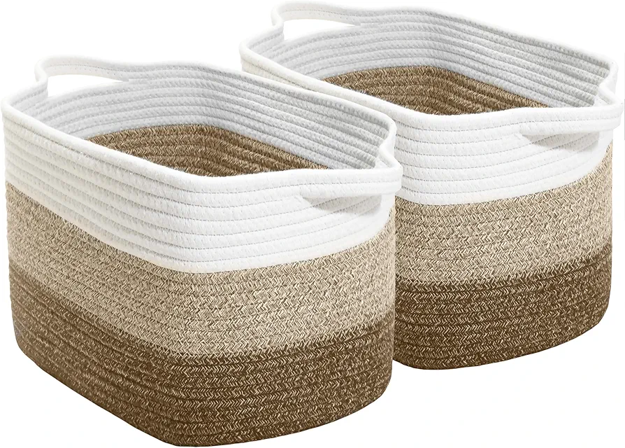 2 Pack Woven Rope Basket, Gift Baskets Empty, 15''X10''X9'' Storage Basket with Handles, Toy Basket Bins, Basket for Living Room, Bedroom, Laundry, Nursery, 3 Tone Brown.