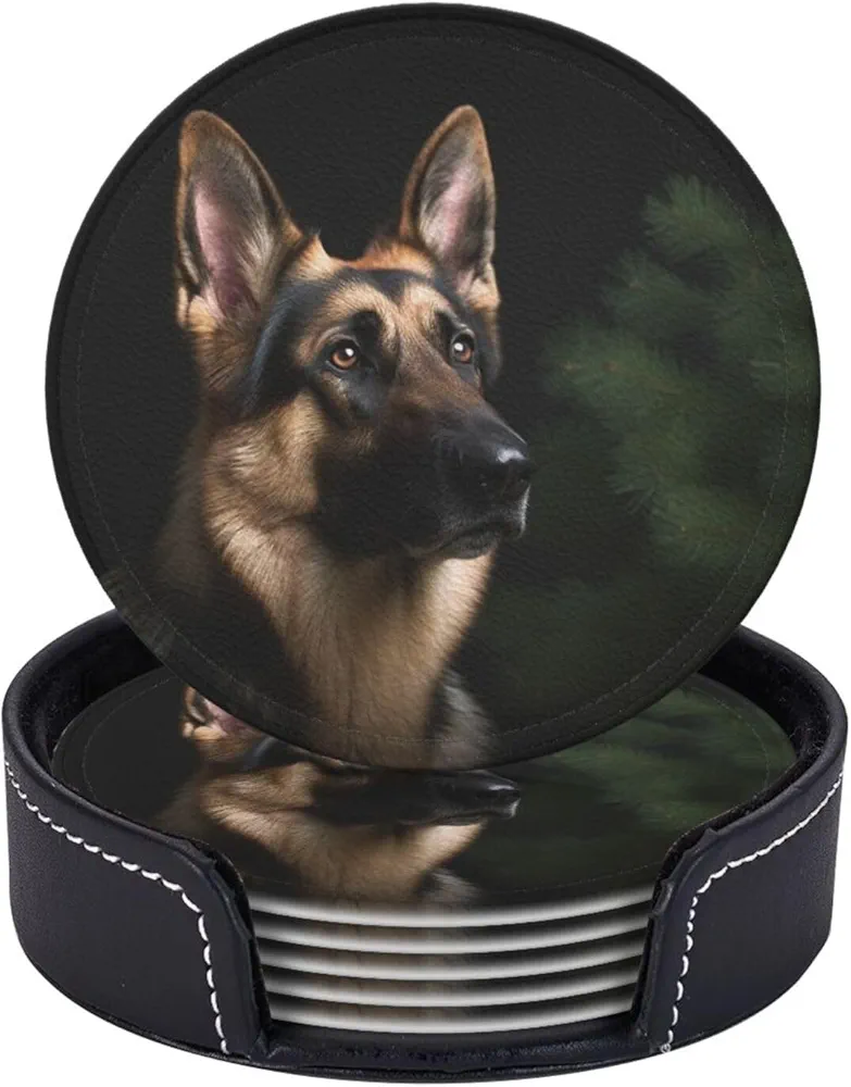 German Shepherd Printed Drink Coasters with Holder Leather Coasters Set of 6 Tabletop Protection Decorate Cup Mat for Coffee Table Bar Kitchen Dining Room