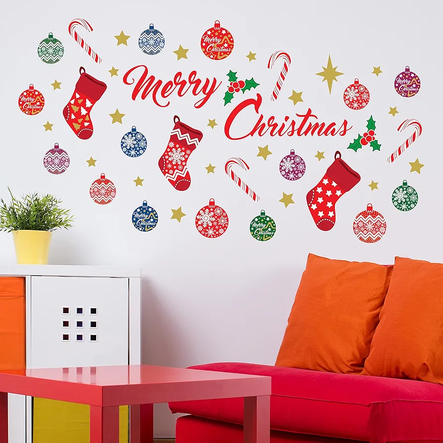 Wallflexi Christmas Decorations Wall Stickers " Merry Christmas Decoration Set" Wall Murals Decals living Room Children Nursery School Restaurant Cafe Hotel Home Office Décor, multicolour