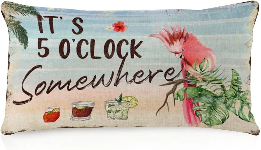 It's 5 O'Clock Somewhere Body Pillow Cover Two-Side Printed 12x20 Linen Tribal Long Pillow Sham Summer Tropical Luau Flamingo Long Backrest Cushion Pillow Protector Cover for Office Living Room Bed