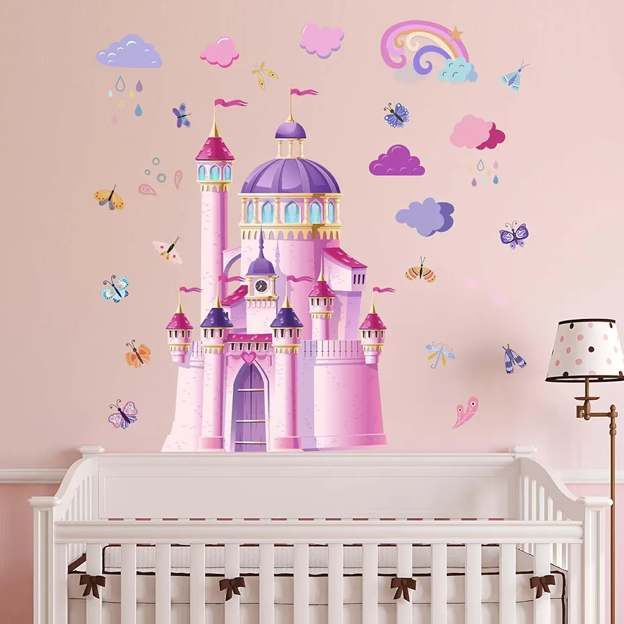 Cartoon Castle Wall Decals - Rainbow Cloud Butterfly Girls Wall Stickers - Bedroom Baby Nursery Kids Room Daycare Playroom Wall Decor