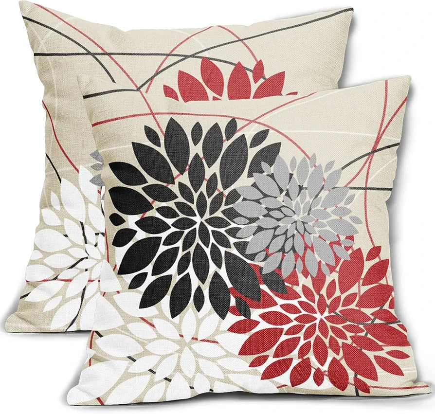 Red and Black Pillow Covers 18x18 Inch Dahlia Flower Black Red White Gray Grey Colored Pillow Case Farmhouse Outdoor Decor for Home Bedroom Living Room Floral Linen Square Cushion Cover, Set of 2