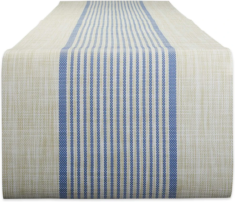 DII French Blue Middle Stripe PVC Woven Table Runner 14x72