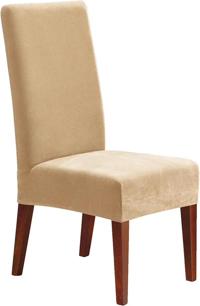 SureFit Stretch Pique Short Dining Room Chair Cover, Dining Chair Cover with Bottom Elastic for a Secure Fit, Removable & Machine Washable, Cream