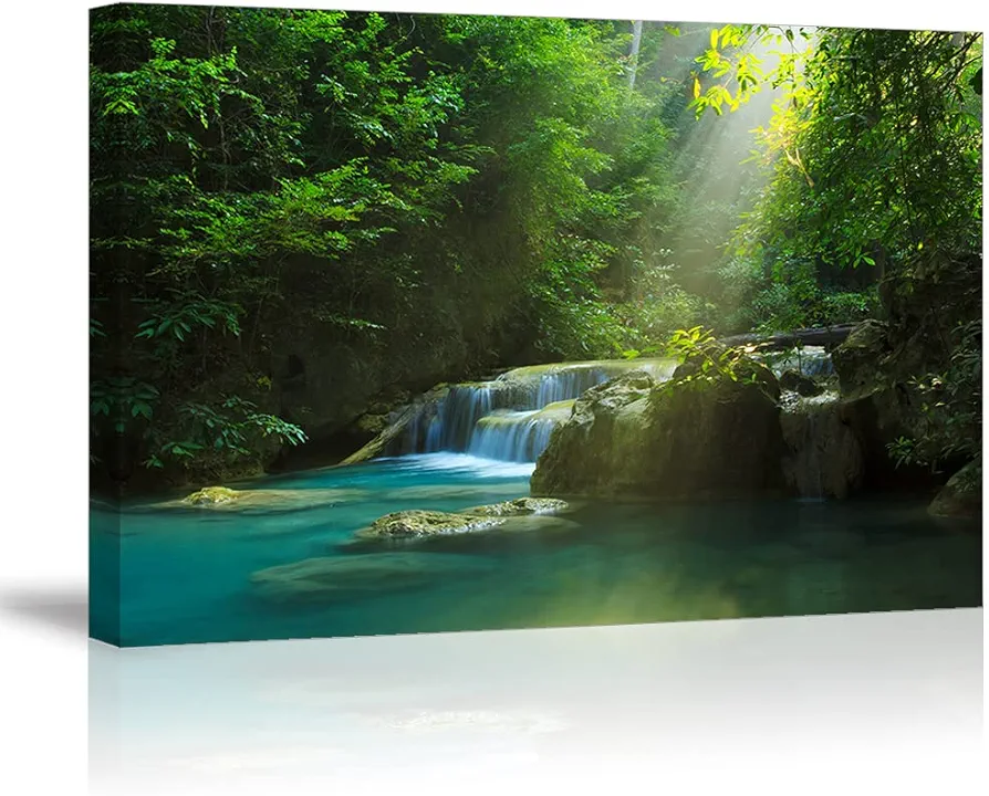 Silent Summer Forest Landscape Stretched Canvas Wall Art for Living Room Home, Bright Sun Shine on Stream Scenery Picture Print Artwork Decoration Painting Decor, Gallery Wrapped, Inner Frame (24x36)