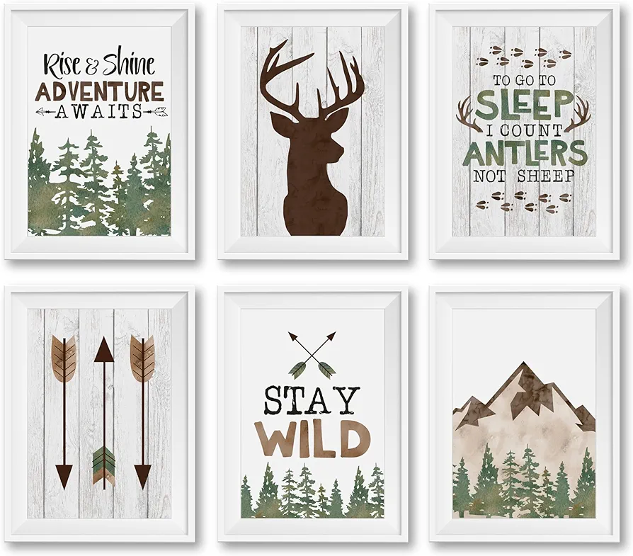 Hadley Designs 6 Reversible 8x10 Hunting Decor Prints, Unframed Deer Wall Art, Adventure Nursery Decor For Boys, Woodland Nursery Wall Decor For Boys Bedroom, Baby Boy Nursery Decor