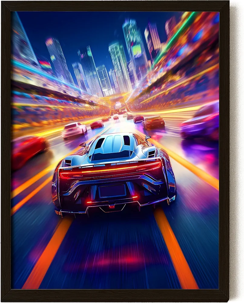 EXCOOL CLUB Super Car Posters for Boys Room - 12x16 Neon Sports Car Racing Wall Decor, Colorful Modern Cars Wall Art Prints, Cool Street Race Car Pictures (UNFRAMED)