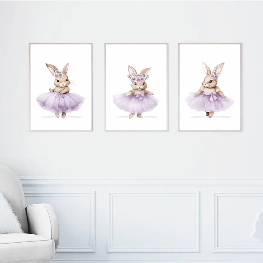 3 Pieces Nursery Canvas Poster Print Purple Floral Ballerina Bunny Wall Art Painting Pictures for Girl's Room Nursery Decor Ready To Hang