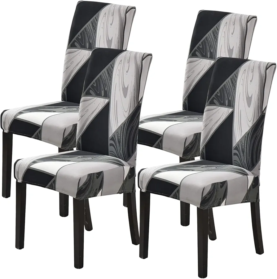 Dining Room Chair Covers Set of 4, Stretch Parsons Chair Slipcovers Removable Washable Spandex Printed Chair Seat Protector Cover for Hotel, Office, Ceremony, Banquet, Wedding Party (Black/Grey)