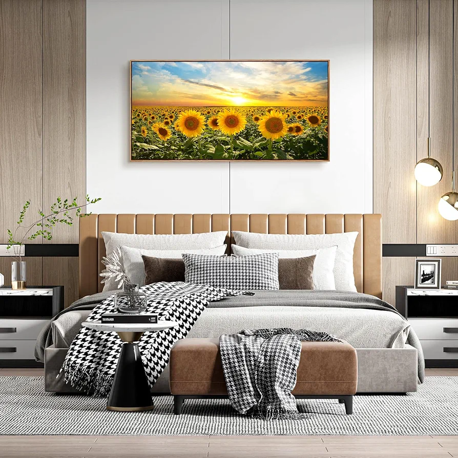 Cao Gen Decor Art WK0162 Wall Art Natural Wood Framed Canvas Painting Sunset Sunflowers Picture Poster Print Yellow flowers Extra Framed Ready to Hang for Living Room Bedroom Office Home Decor