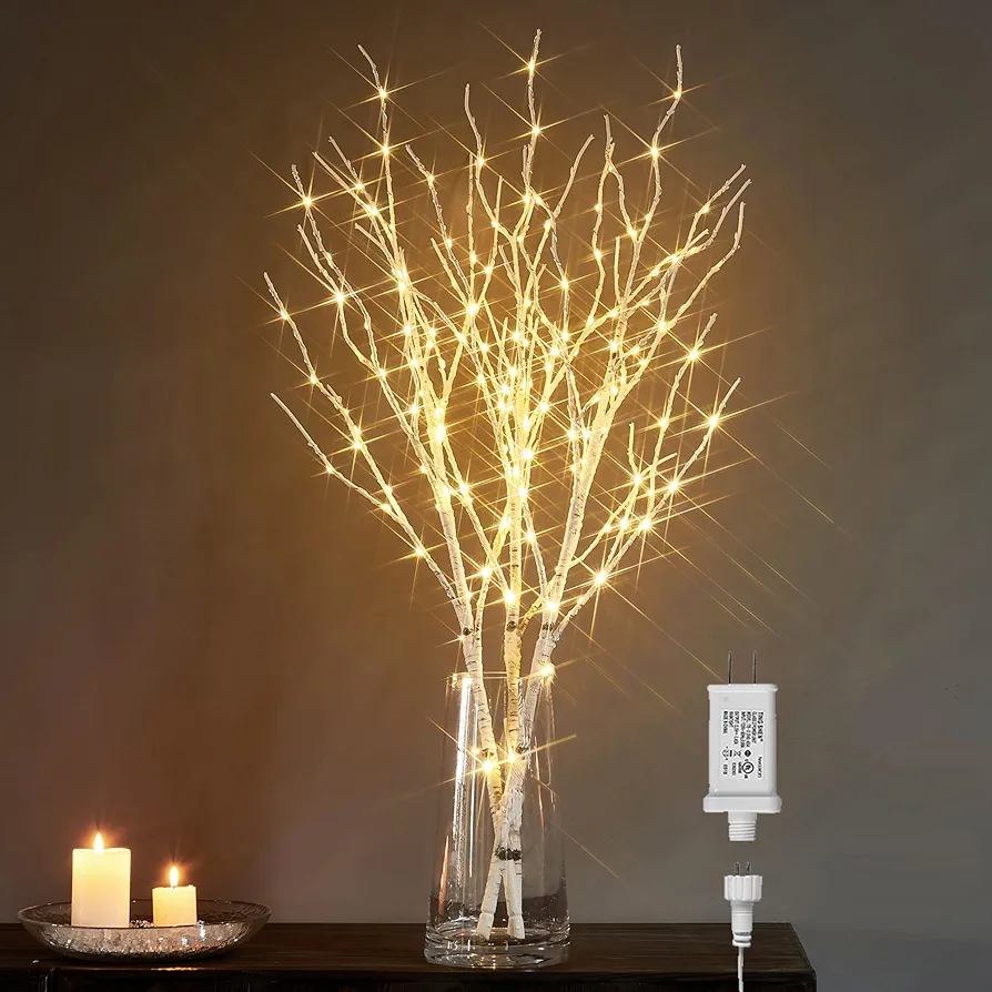 LITBLOOM Lighted White Birch Twig Branches 30IN 150 LED Plug in with Timer and Dimmer, Artificial Tree Branch with Lights for Indoor Outdoor Home Christmas Room Decoration