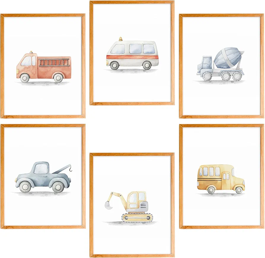 BearCake Construction Vehicle Nursery Wall Art Set of 6, Excavator Blender Ambulance School Bus Fire Truck Wall Decor Poster Prints for Toddler Boy Room Playroom Nursery, 8x10 Inches