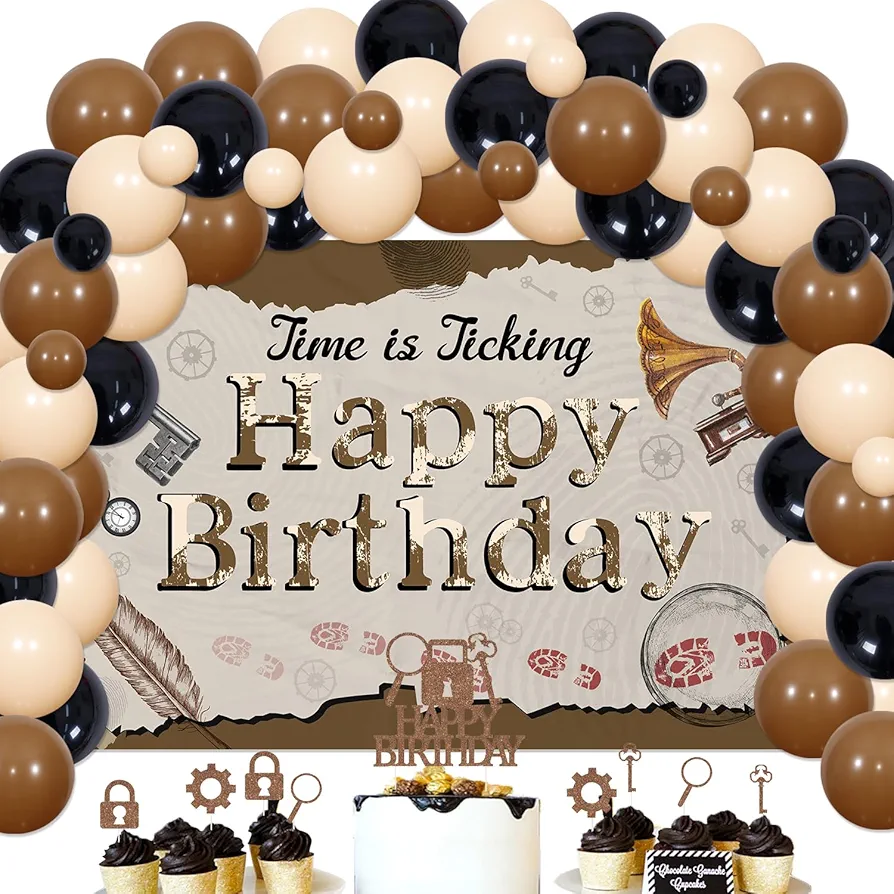 83PCS Escape Room Birthday Decorations - Brown and Black Escape Room Themed Backdrop Balloon Garland Set for Vintage Mystery Birthday Party Decorations Supplies