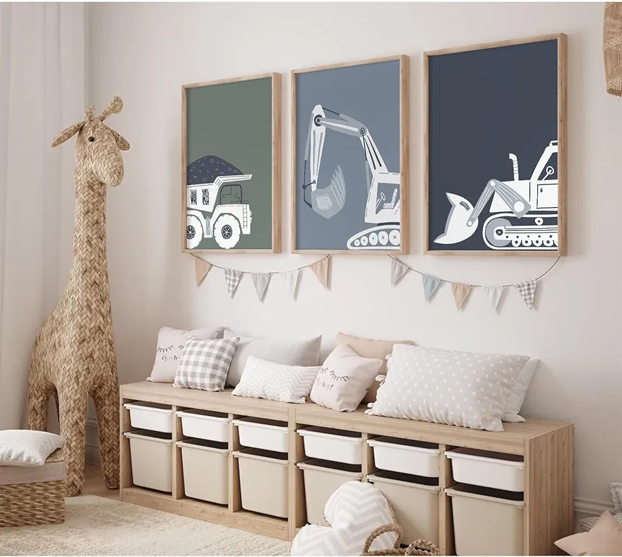 Construction Truck Wall Art Decor Toddler Boys Room Canvas Wall Art Tractor Vehicle Posters Dump Truck Wall Art Kids Bulldozer Pictures Nursery Prints for Boys Bedroom 12x16 Inch Unframed Set of 3