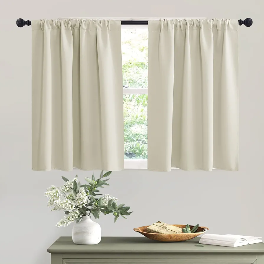 RYB HOME Small Window Curtains - Room Darkening Light Block Energy Efficient Privacy Drapes for Kitchen Dining Bedroom Bath Basement, W 42 x L 36 inches, Beige, 2 Panels