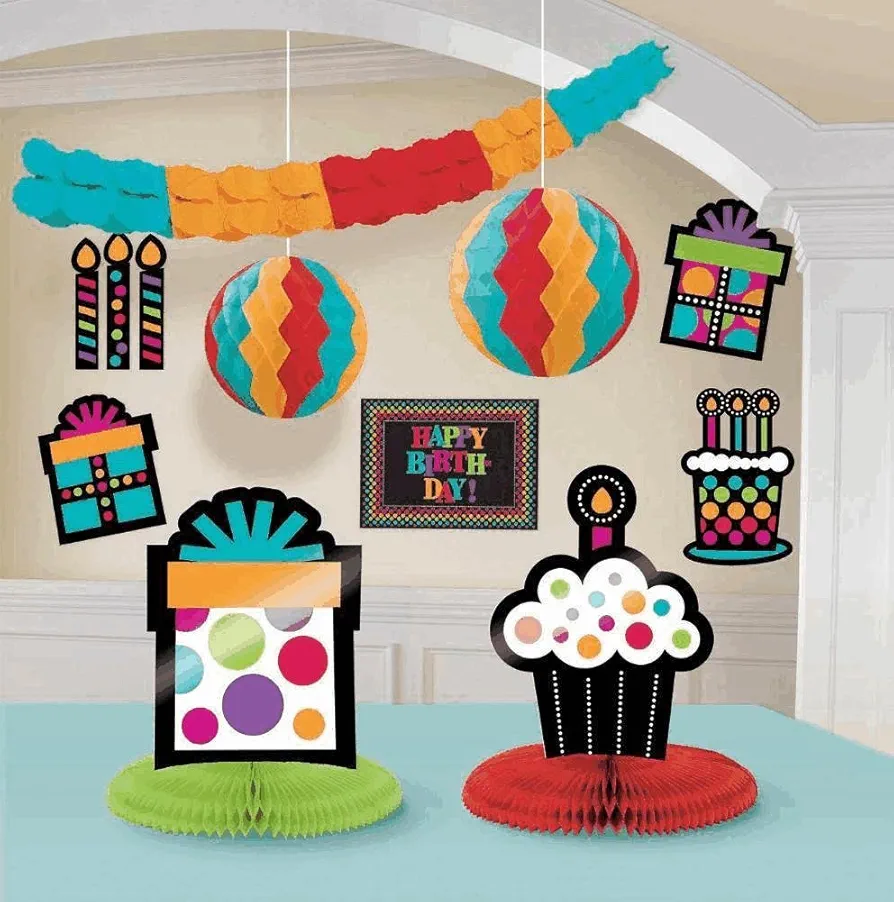 Party On Polka Dot Happy Birthday Assorted Room Decorating Kit , Pack of 10, Multi , Assorted Sizes, Paper