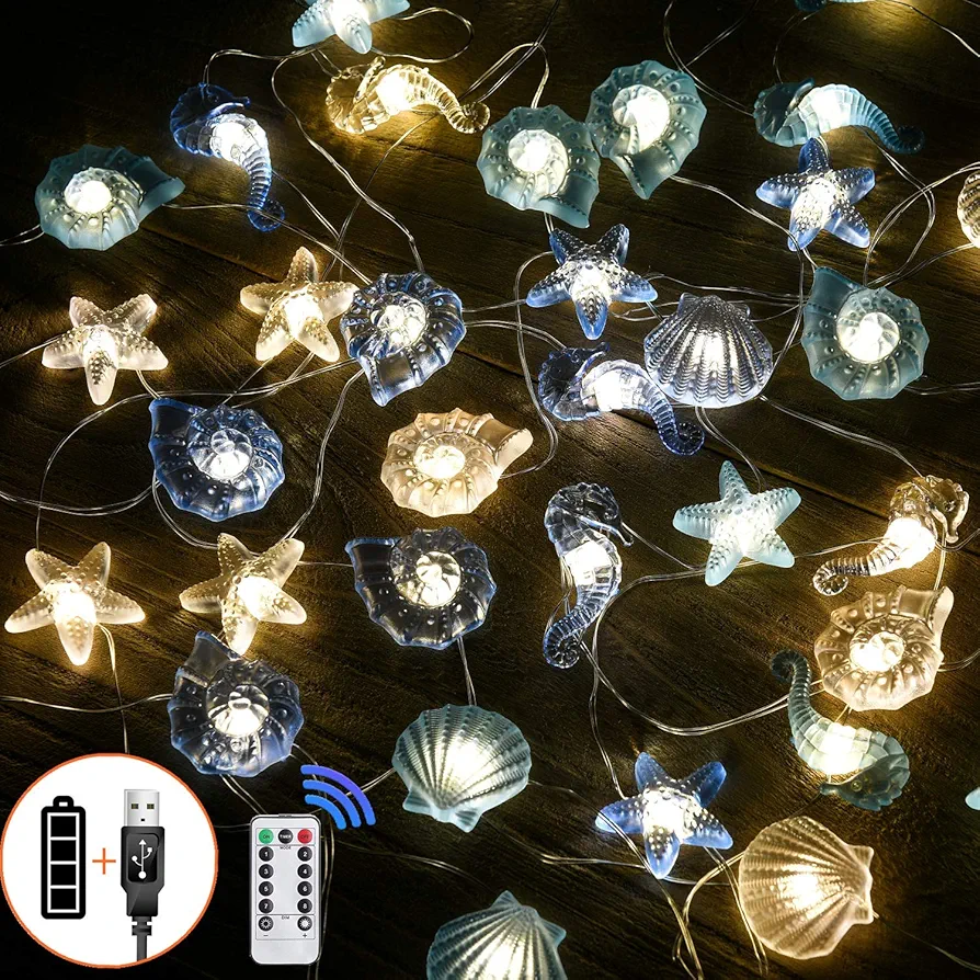 Nautical Beach Decor led String Lights Battery Under The sea Coastal Ocean Theme Navy Fish net Decorations for Room Bedroom Bathroom Table Centerpieces Tropical sea Shells Starfish Seahorse Conch