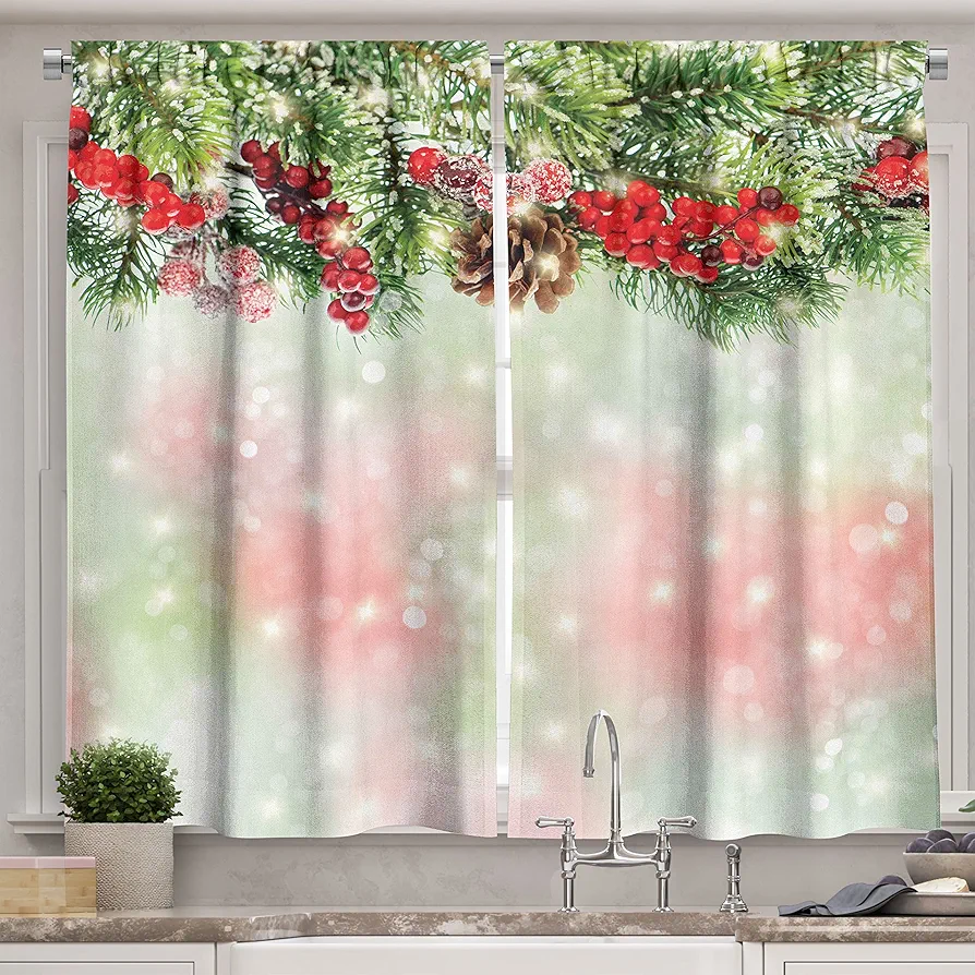 Ambesonne Christmas Long Kitchen Curtains, Evergreen Fir Branches Red Ripe Holly Berries Blurred Backdrop Garland, Two Panels Drapes with Rod Pocket Room Decor, 55" x 45", Brown Green