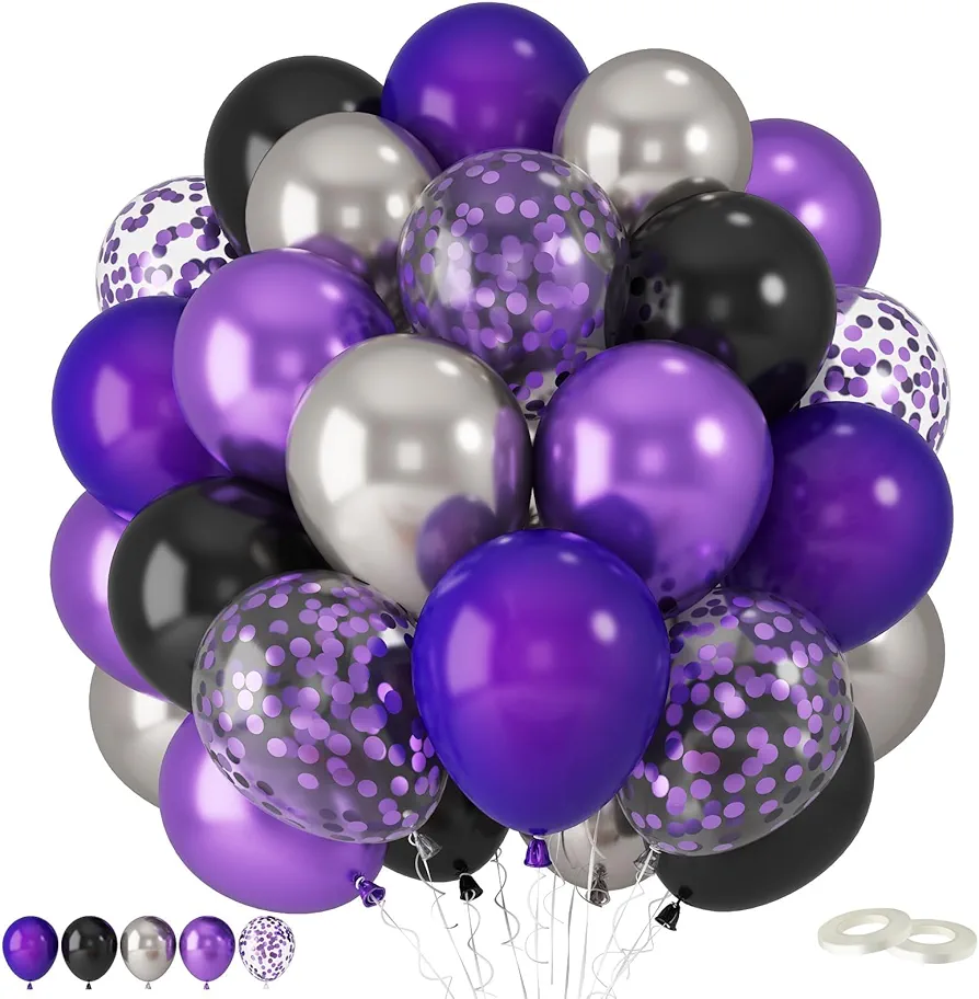 Purple and Black Balloons,60 Pcs 12 Inches Metallic Purple Metallic Silver Matte Black Purple Matte Black Balloons Confetti Balloons for Birthday Wedding,Graduation Halloween Party Decorations