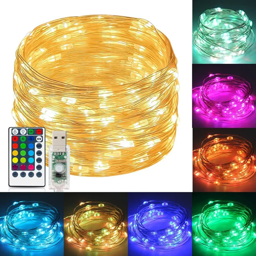 Fairy Lights USB Plug in, 39Ft 120 LEDs USB Powered Fairy String Lights with Remote and Timer, Warm White & RGB Color Changing Twinkle Lights for Bedroom, Wedding Party Indoor Outdoor Decoration