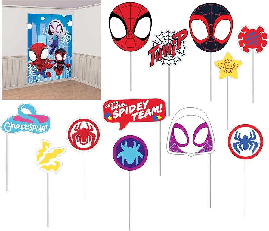 Party Scene Setter with Props - 40" x 27.5" | 1 Set of 16 Pcs, Spidey & His Amazing Friends