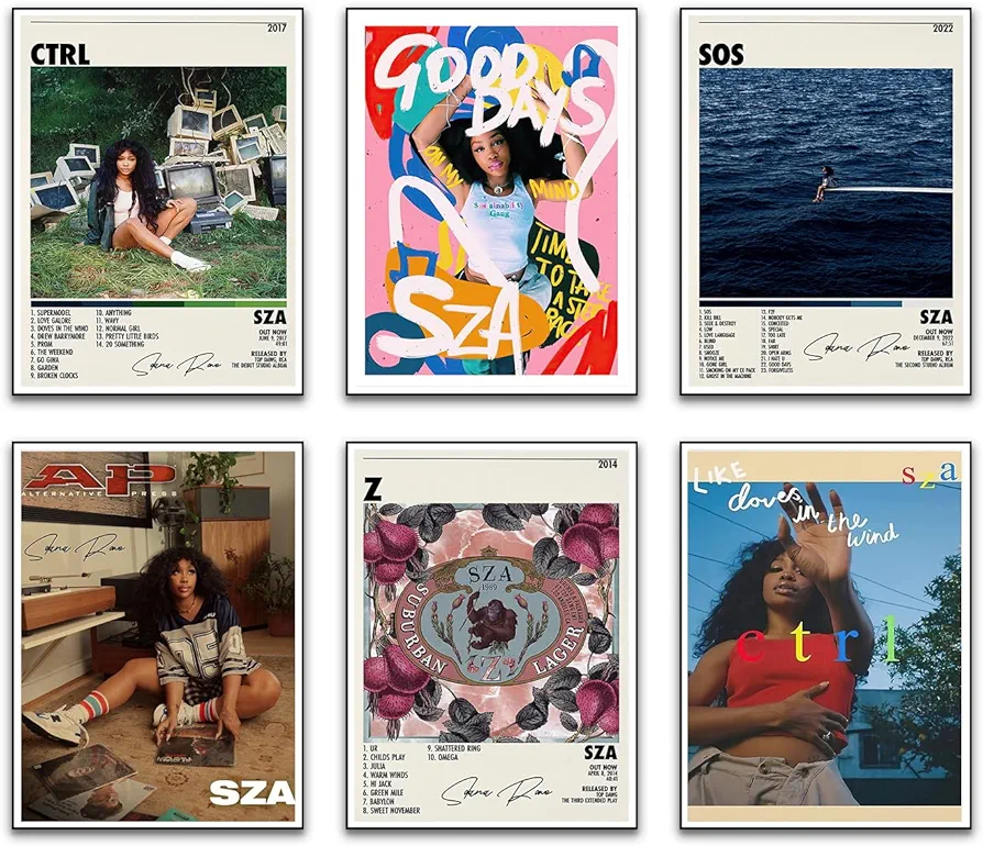 Sza Poster Music Canvas Wall Art Album Cover Signed Limited Posters Set of 6 Teenager Room Decor Aesthetic Retro for Bedroom Decor 8x10 inches (20x25cm) Unframed