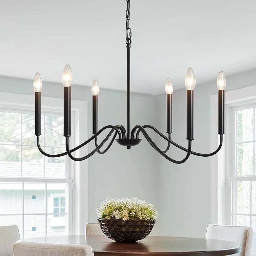 Black Farmhouse Chandelier, 6-Light Metal Chandelier for Dining Room Lighting Fixture, Industrial Candle Ceiling Pendant Light for Living Room, Kitchen, Bedroom, Entryway