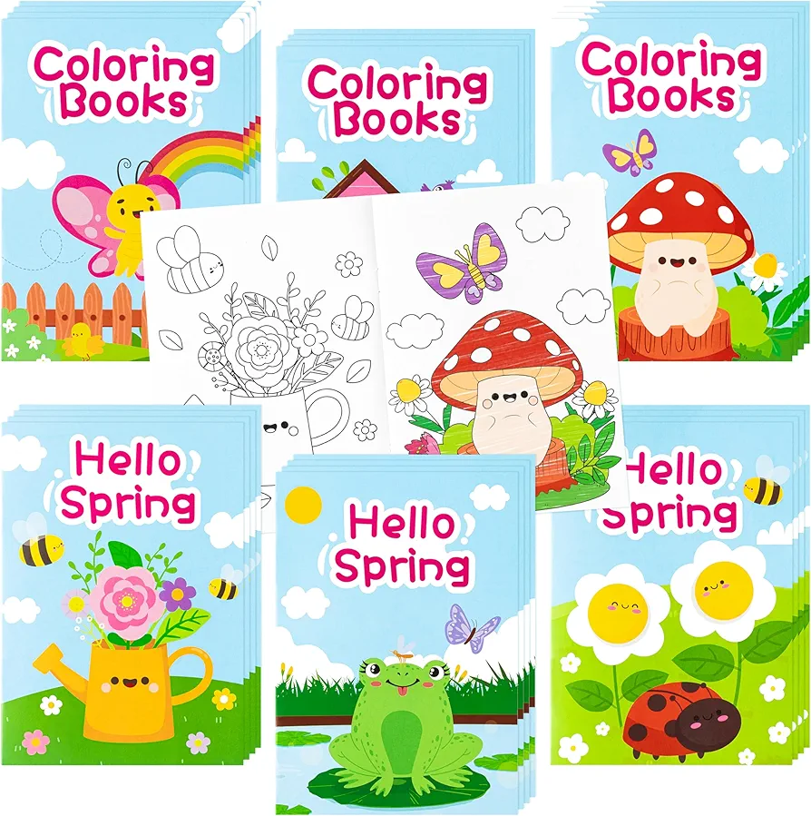 ANGOLIO Hello Spring Coloring Books - Back to School Party Favors Gift Frog Butterfly Hello Spring Art Drawing for Goodie Bags Stuffer for Holiday Birthday Party School Classroom Activity Supplies