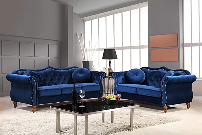 Container Furniture Direct Anna1 Velvet Upholstered Classic Nailhead Chesterfield Living Room, Sofa & Loveseat, Blue De France