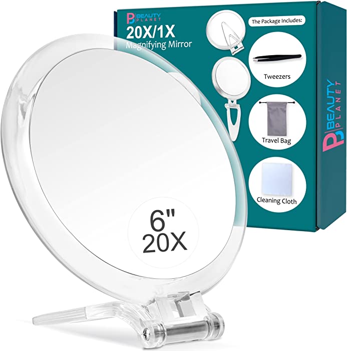 20X Magnifying Mirror, 6 Inch, Two Sided Hand Mirror, 20X/1X Magnification, Folding Makeup Mirror with Handheld/Stand, Use for Makeup Application, Tweezing, and Blackhead/Blemish Removal.