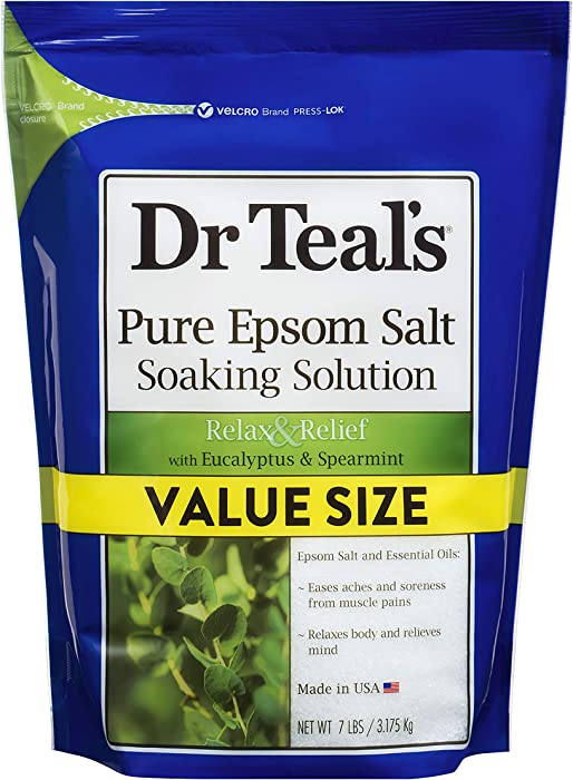 Dr Teal's Pure Epsom Salt Soaking Solution,Relax & Relief with Eucalyptus & Spearmint, 7 Lb Bag - Bath Soak Salts with Essential Oils - Value Size