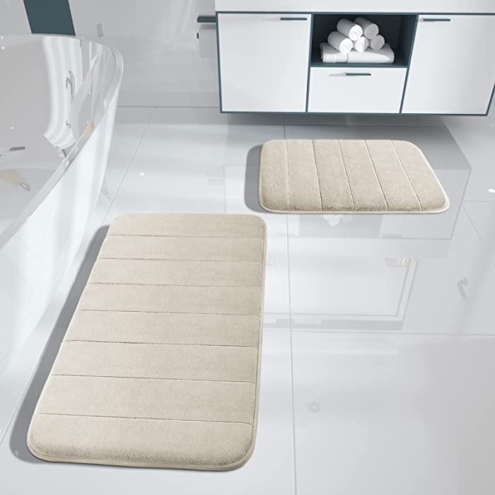 Yimobra 2 Pieces Memory Foam Bath Mat Sets, 17x24+31.5x19.8 Inches for Bathroom Rugs, Toilet Mats, Non-Slip, Soft Comfortable, Water Absorption, Machine Washable (Cream White, 17"x24"+31.5"x19.8")