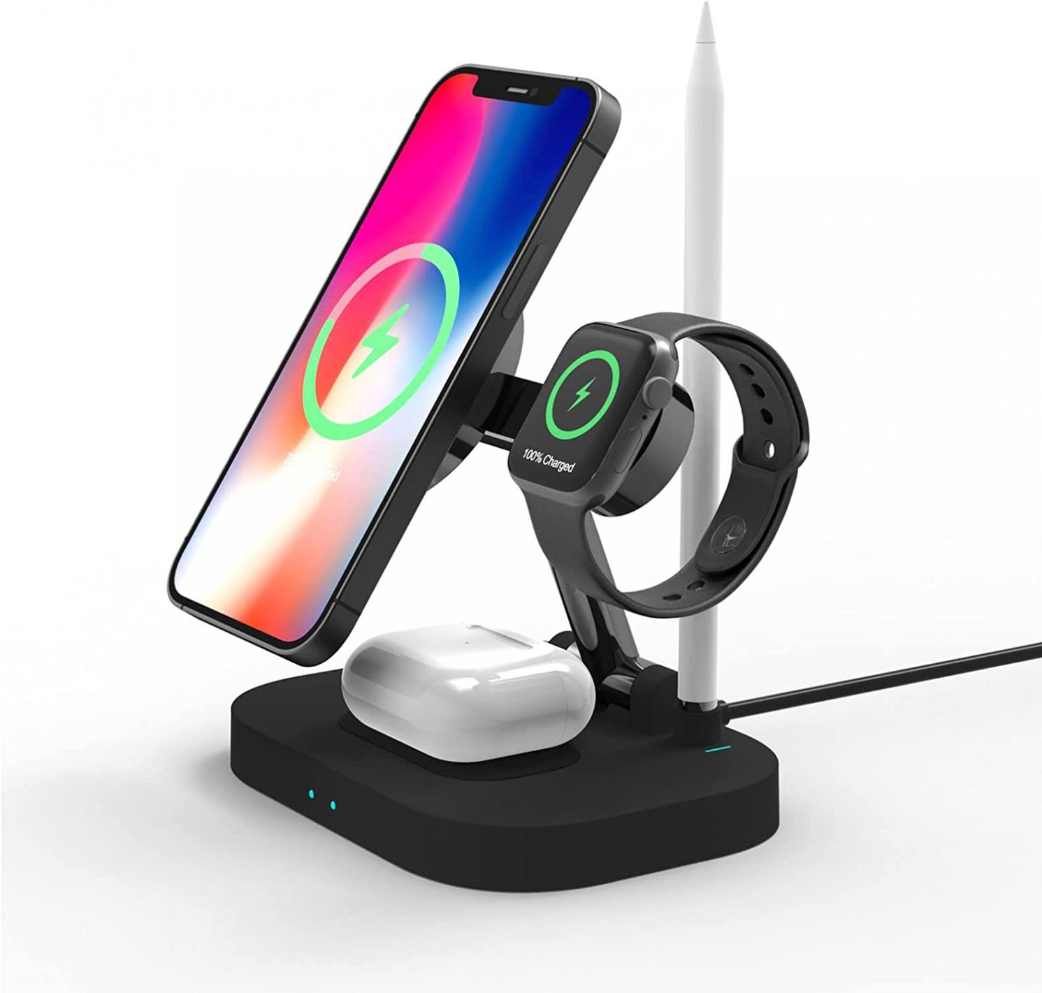 Mag-Safe Wireless Charger Stand, FACEVER 4 in 1 Foldable Wireless Charging Station Compatible for iPhone 14 Plus 13 Pro Max 12 Mini, Apple Watch iWatch 8/7/6/5/4/3/2, Airpods 2/Pro/3, Pencil