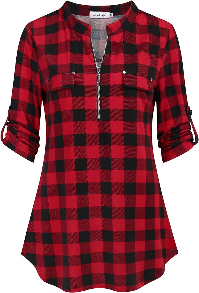 Ninedaily Women's 3/4 Sleeve Plaid Shirts Zip Floral Casual Tunic Blouse Tops