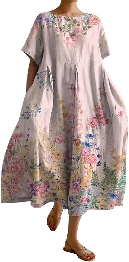 Plus Size Boho Dresses for Women 2024 Summer Casual Trendy Flowy Sundresses Cotton Baggy Floral Maxi Dress with Pockets S-5XL