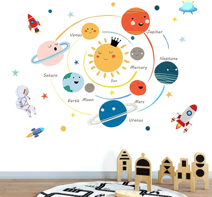 Space Planet Wall Decals Wall Stickers Kids,Cute Educational Wall Stickers for Daycare,Nursery,Playroom,Babyroom,Classroom,School.