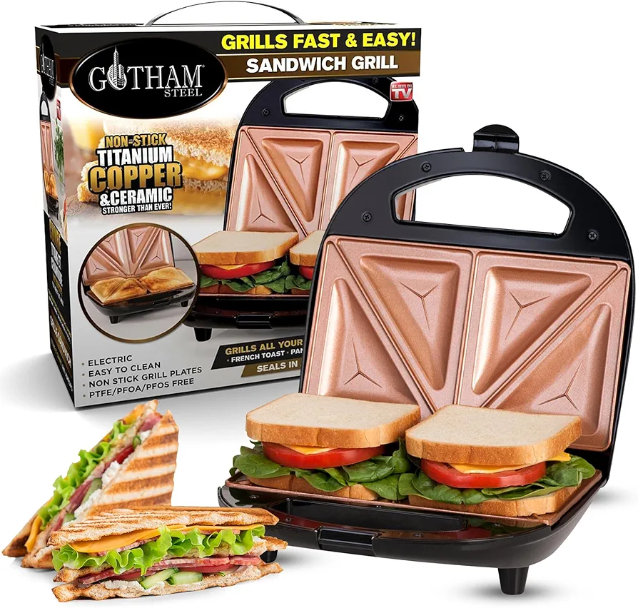 Gotham Steel Nonstick Panini Press Sandwich Maker, 2in1 Breakfast Sandwich Maker Grill / Sandwich Press Grill with Indicator Light, Grilled Cheese Maker Makes 2 Sandwiches with Easy Cut Edges